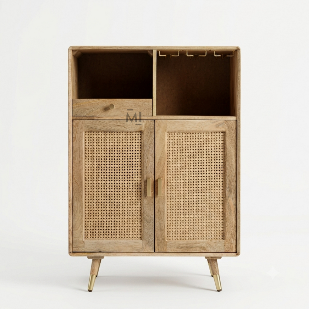 Nordic Rattan Bar Cabinet with Glass Holder &amp; Storage
