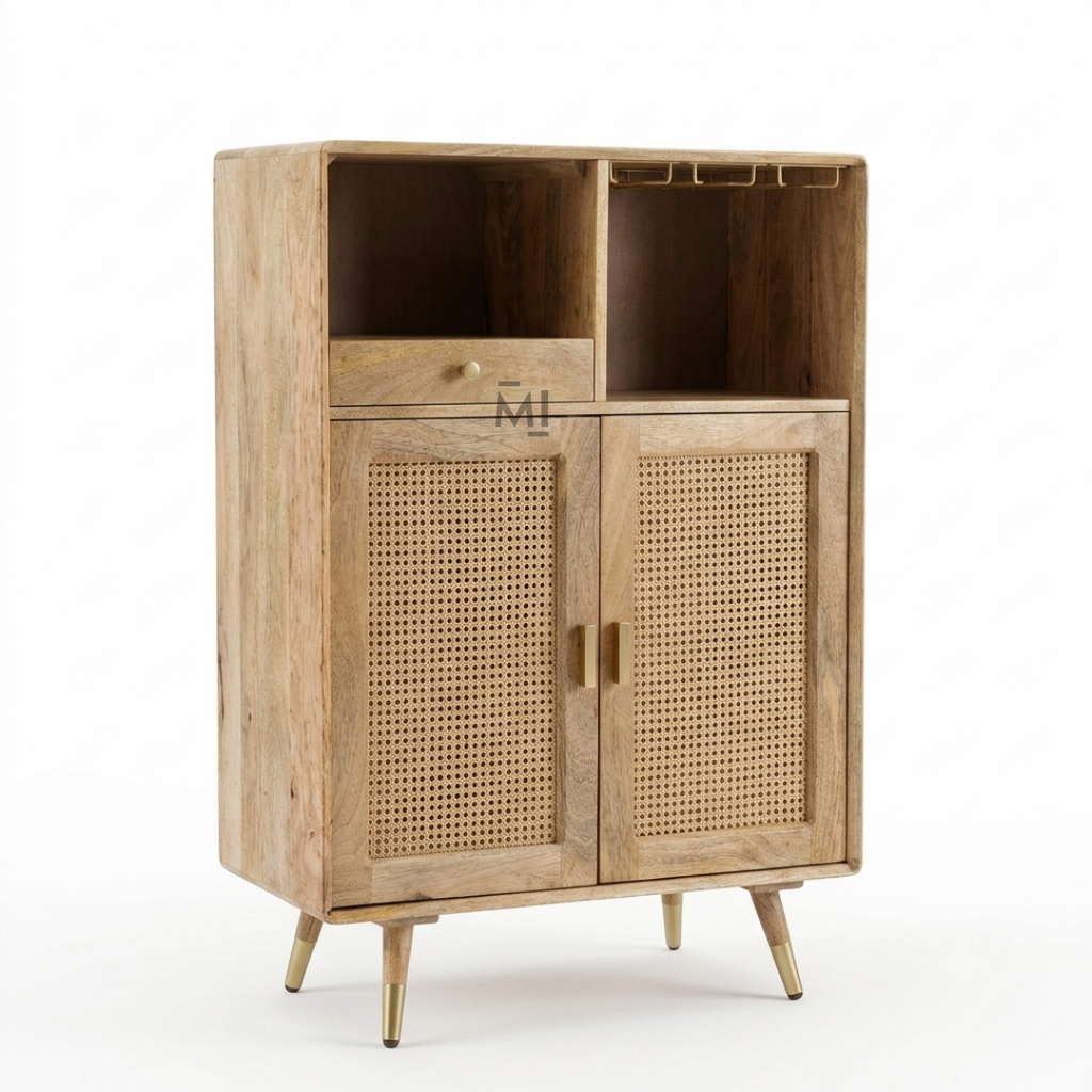 Nordic Rattan Bar Cabinet with Glass Holder &amp; Storage