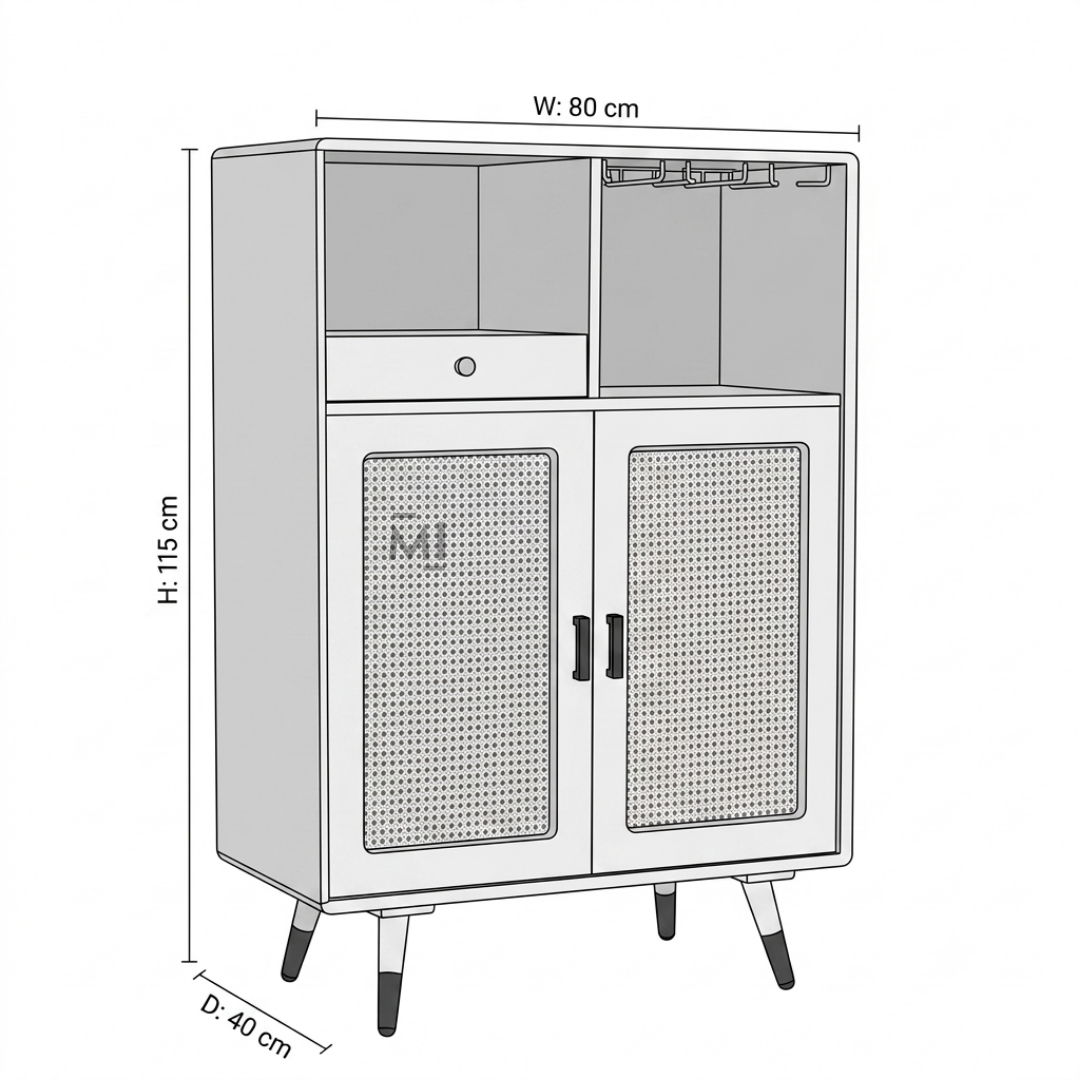 Nordic Rattan Bar Cabinet with Glass Holder &amp; Storage