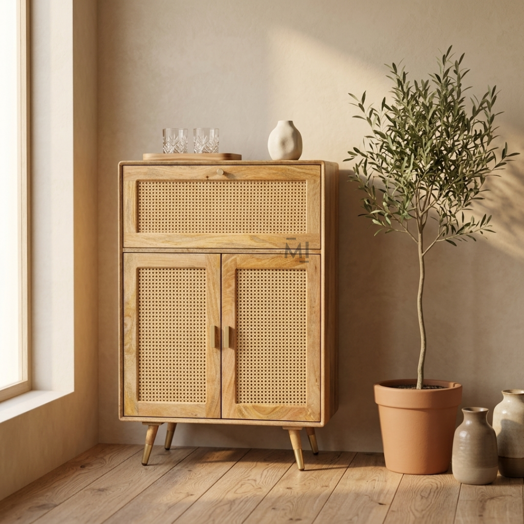 Luna Rattan Bar Cabinet with Glass Holder & Storage