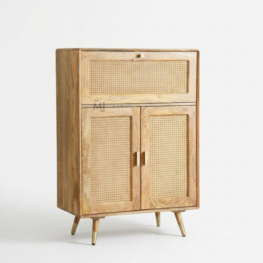 Luna Rattan Bar Cabinet with Glass Holder & Storage