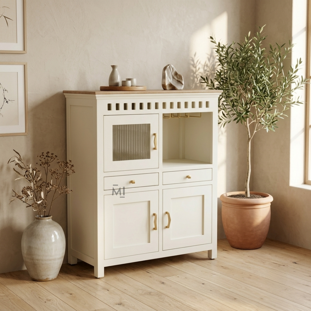 Coastal Haven Bar Cabinet with Glass Holder & Multi-Storage