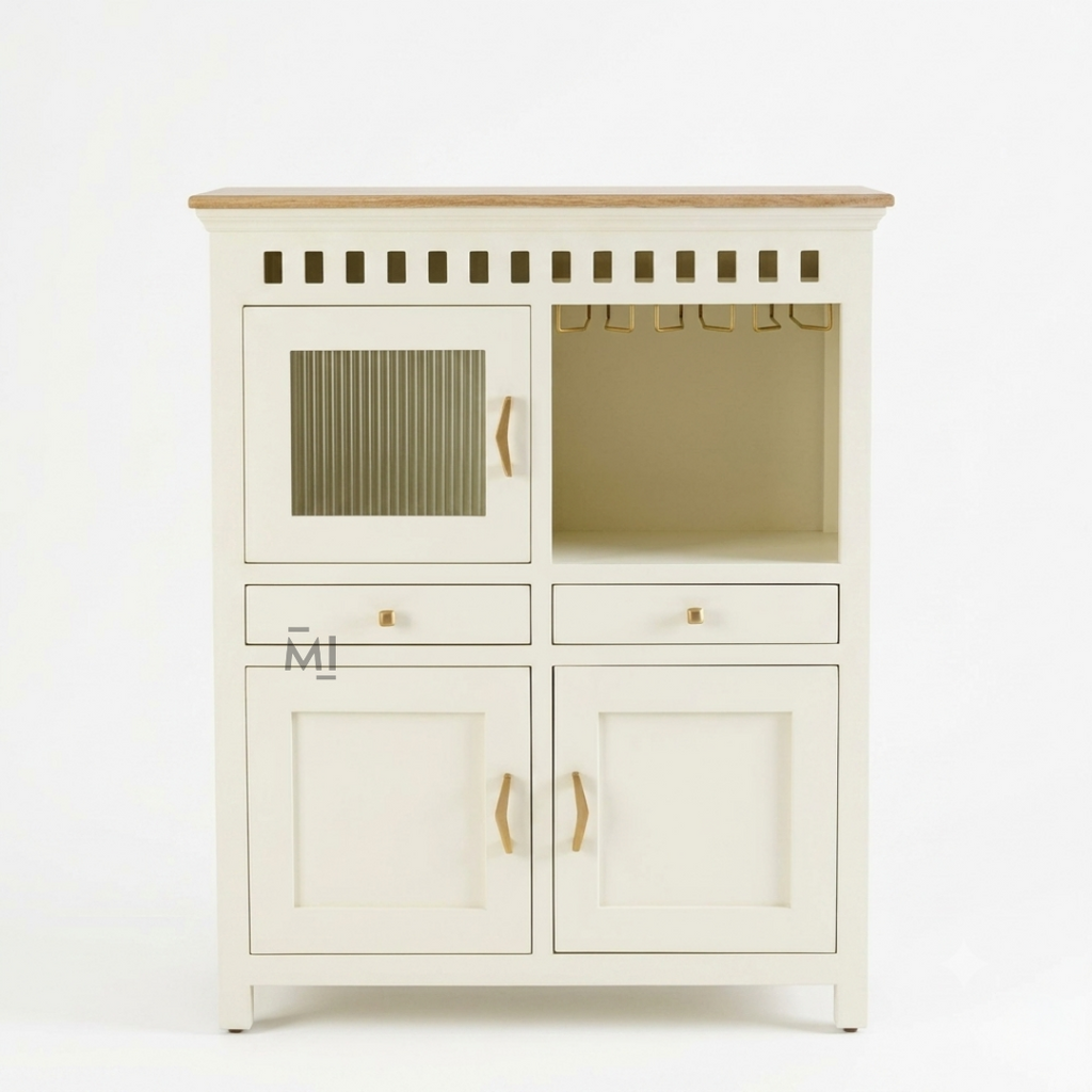 Coastal Haven Bar Cabinet with Glass Holder & Multi-Storage
