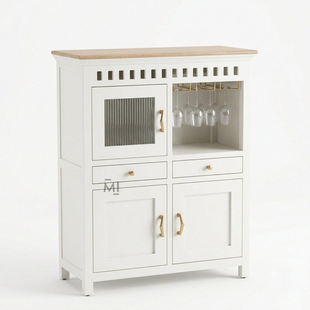 Coastal Haven Bar Cabinet with Glass Holder & Multi-Storage
