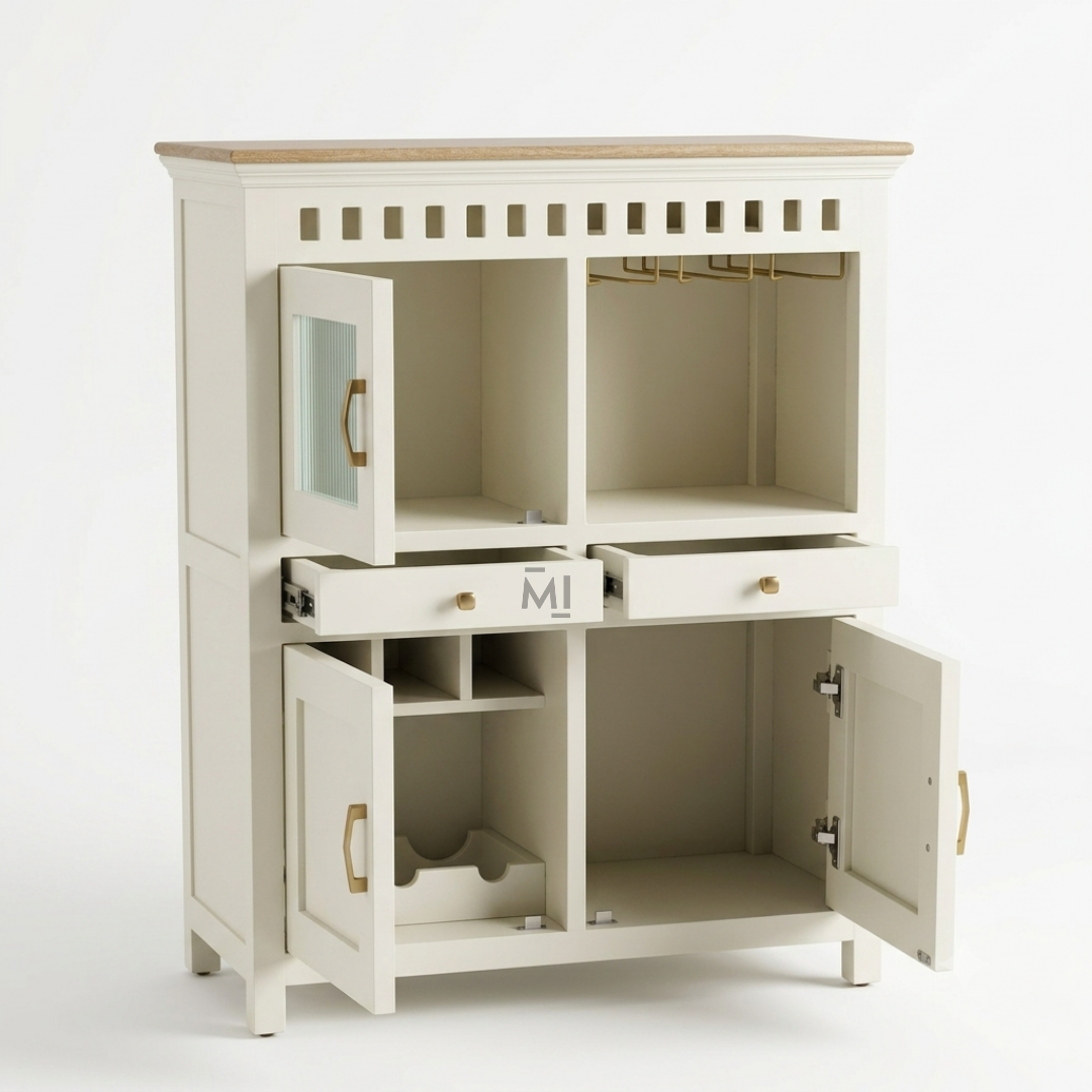 Coastal Haven Bar Cabinet with Glass Holder & Multi-Storage