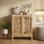 Royal Carved Wooden Bar Cabinet with Marble Top – Handcrafted Wood