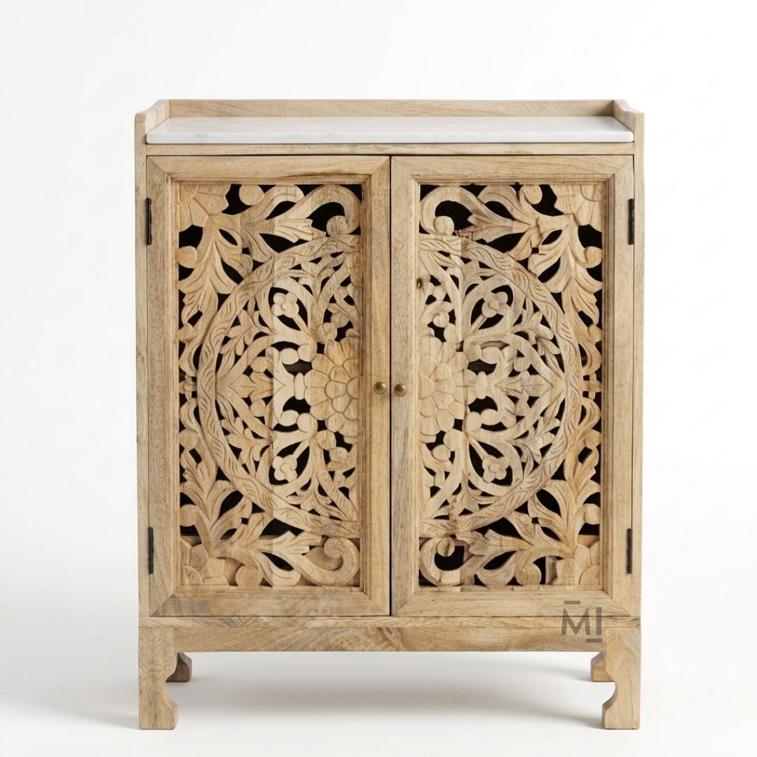 Royal Carved Wooden Bar Cabinet with Marble Top – Handcrafted Wood