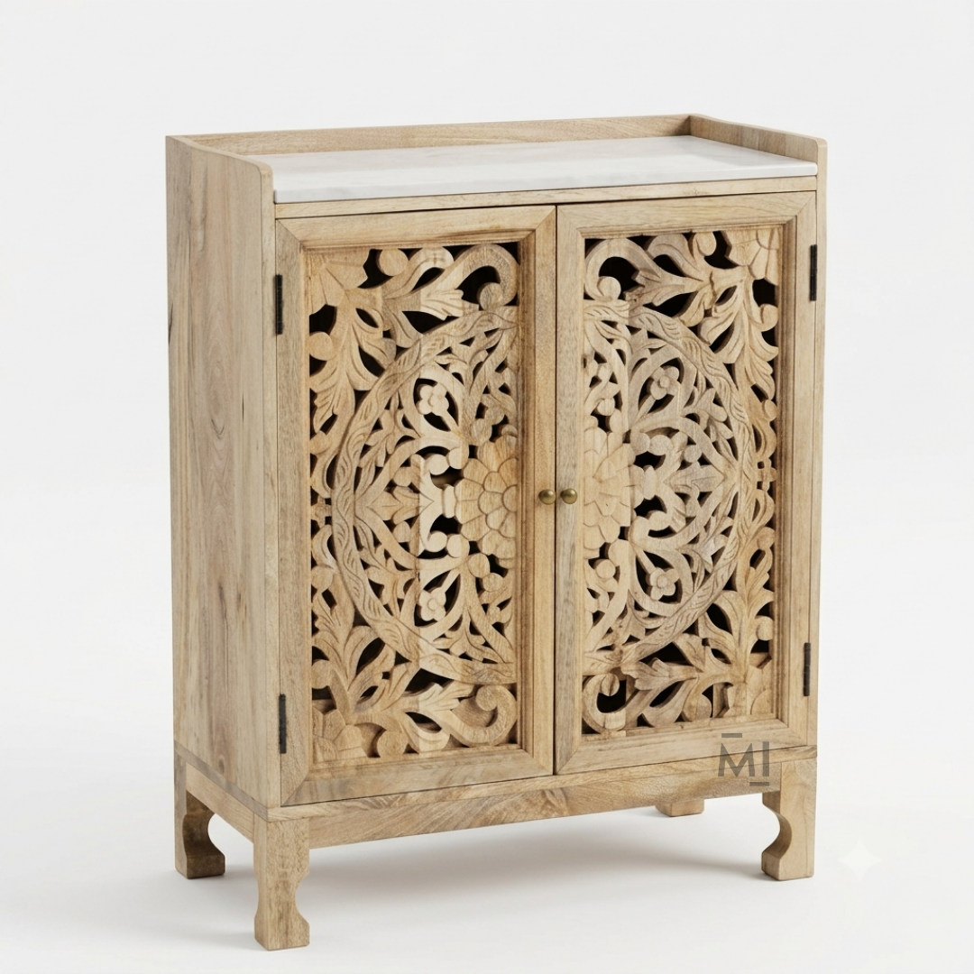 Royal Carved Wooden Bar Cabinet with Marble Top – Handcrafted Wood