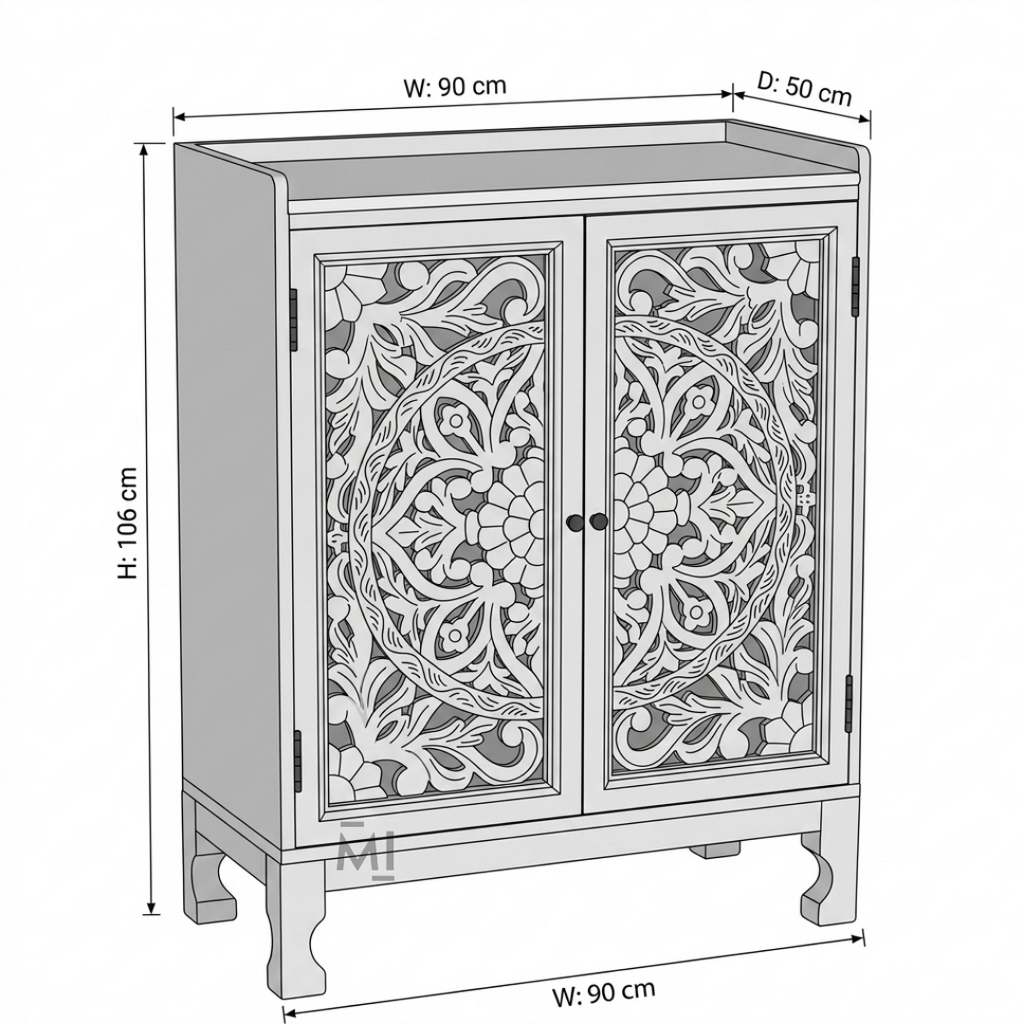 Royal Carved Wooden Bar Cabinet with Marble Top – Handcrafted Wood