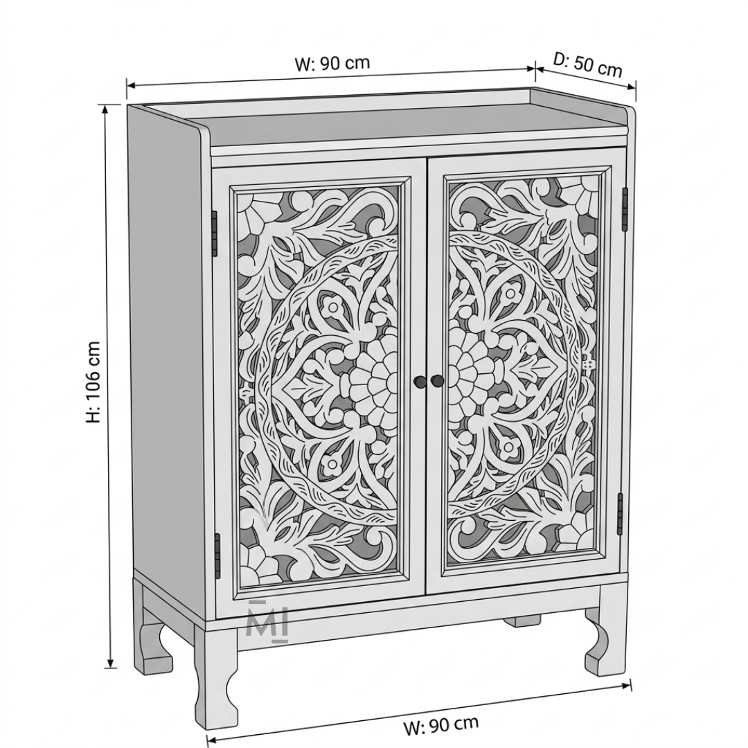 Royal Carved Wooden Bar Cabinet with Marble Top – Handcrafted Wood