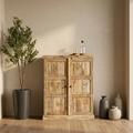 Solid Wood Fold-Out Bar Cabinet with Double Doors & Expandable Side Panels | Natural Finish