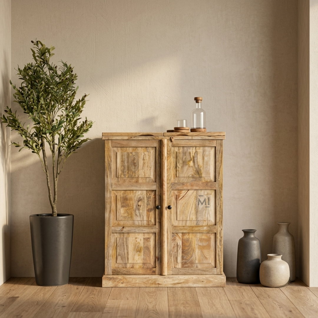 Solid Wood Fold-Out Bar Cabinet with Double Doors & Expandable Side Panels | Natural Finish