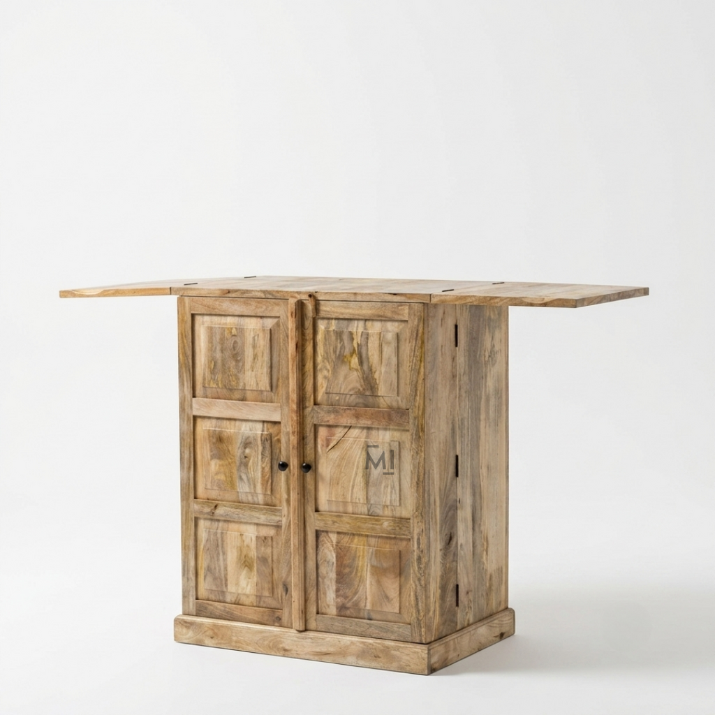 Solid Wood Fold-Out Bar Cabinet with Double Doors & Expandable Side Panels | Natural Finish