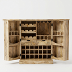 Solid Wood Fold-Out Bar Cabinet with Double Doors & Expandable Side Panels | Natural Finish