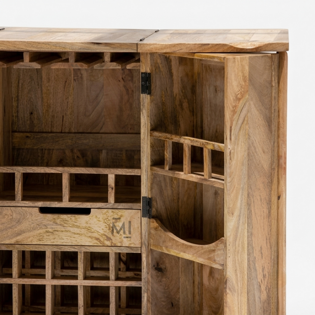 Solid Wood Fold-Out Bar Cabinet with Double Doors & Expandable Side Panels | Natural Finish