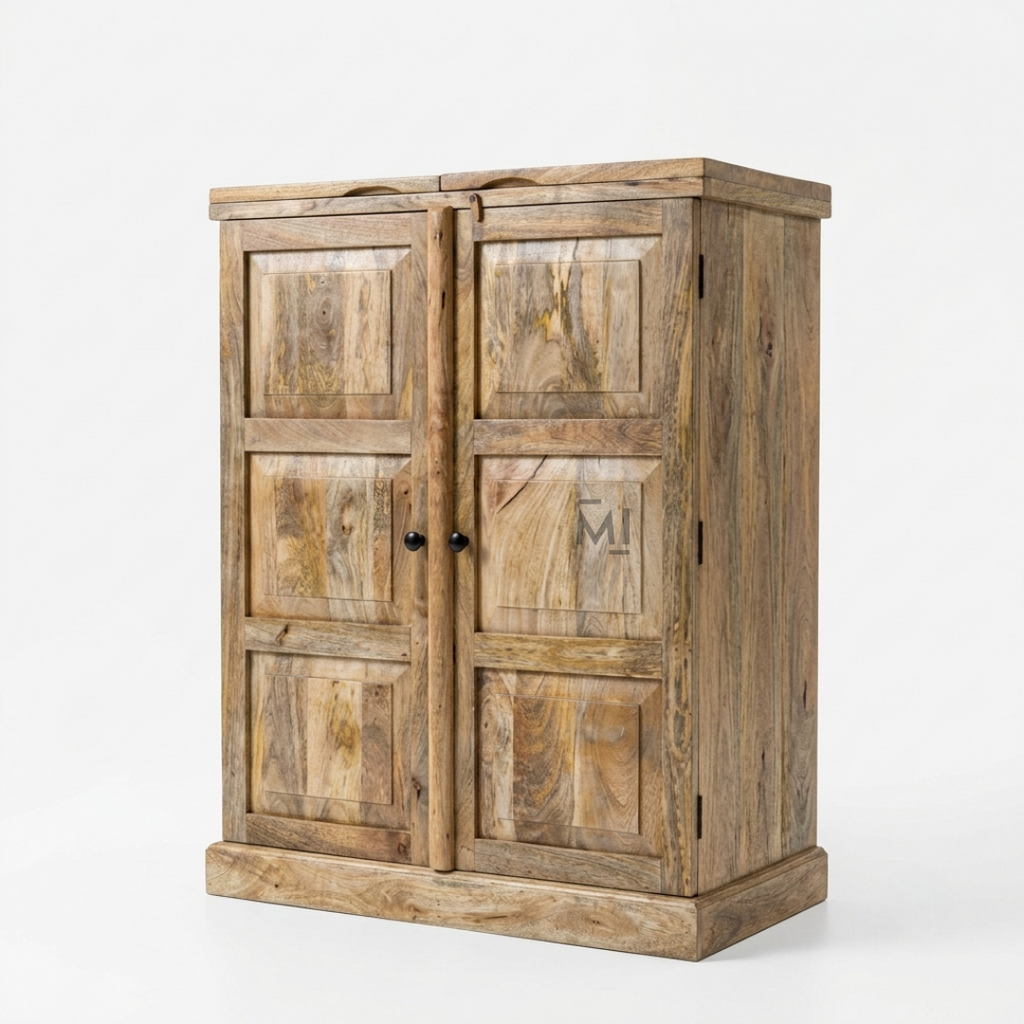 Solid Wood Fold-Out Bar Cabinet with Double Doors & Expandable Side Panels | Natural Finish