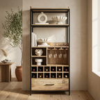 Industrial Wooden Bar Cabinet with Wine Rack, Glass Holder & Storage Drawer | Modern Home Bar Display Unit