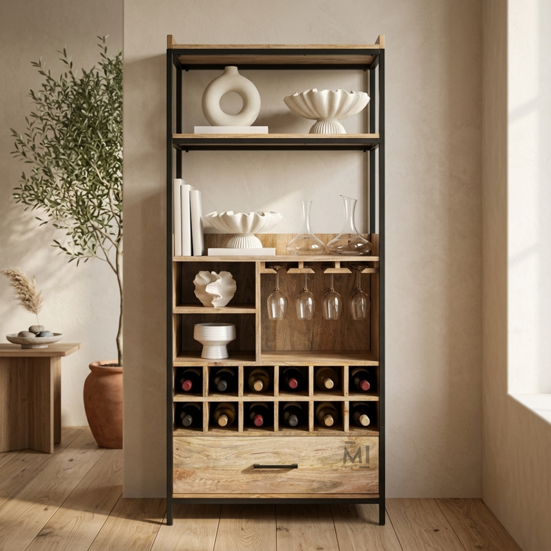 Industrial Wooden Bar Cabinet with Wine Rack, Glass Holder & Storage Drawer | Modern Home Bar Display Unit