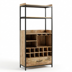 Industrial Wooden Bar Cabinet with Wine Rack, Glass Holder & Storage Drawer | Modern Home Bar Display Unit