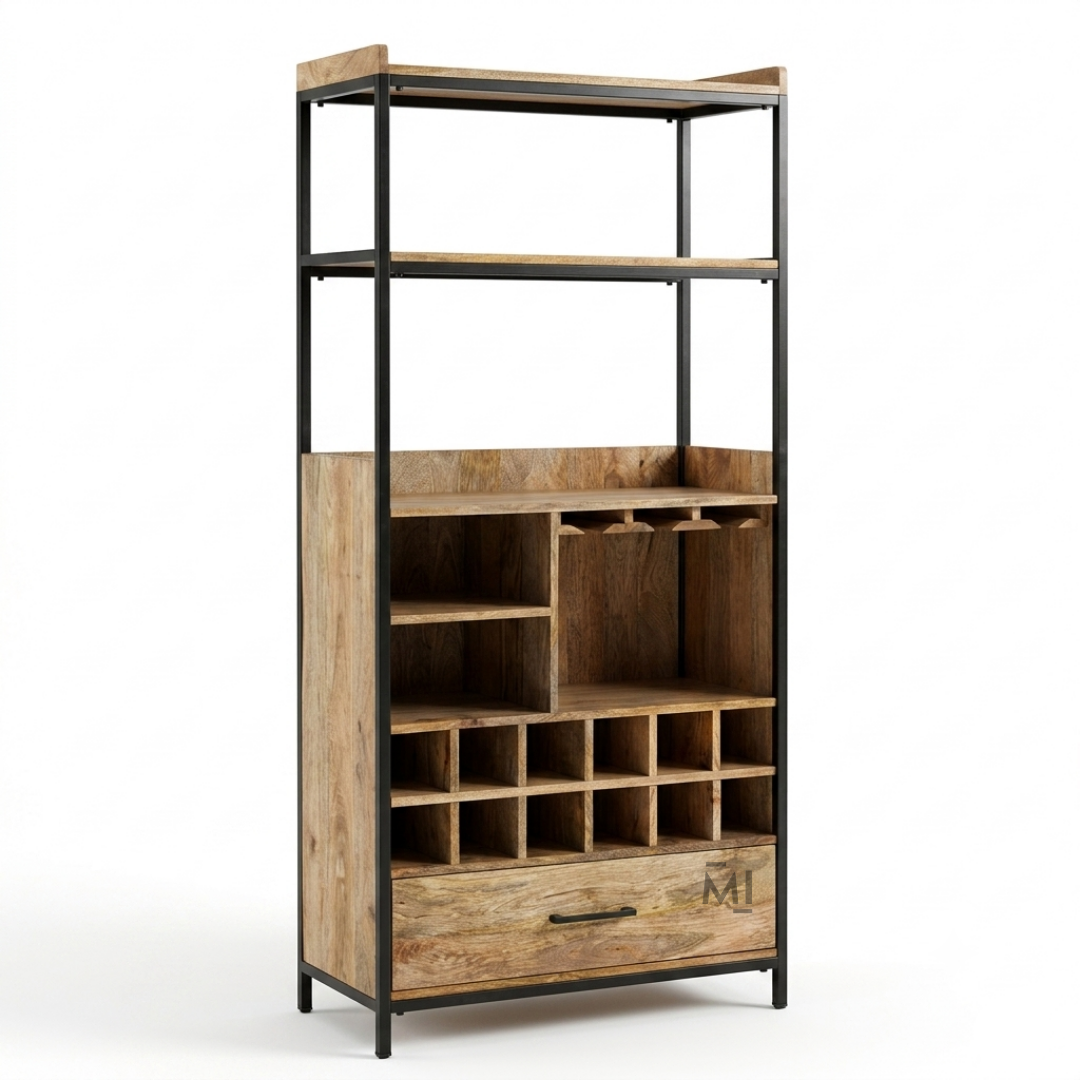 Industrial Wooden Bar Cabinet with Wine Rack, Glass Holder & Storage Drawer | Modern Home Bar Display Unit