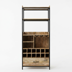 Industrial Wooden Bar Cabinet with Wine Rack, Glass Holder & Storage Drawer | Modern Home Bar Display Unit