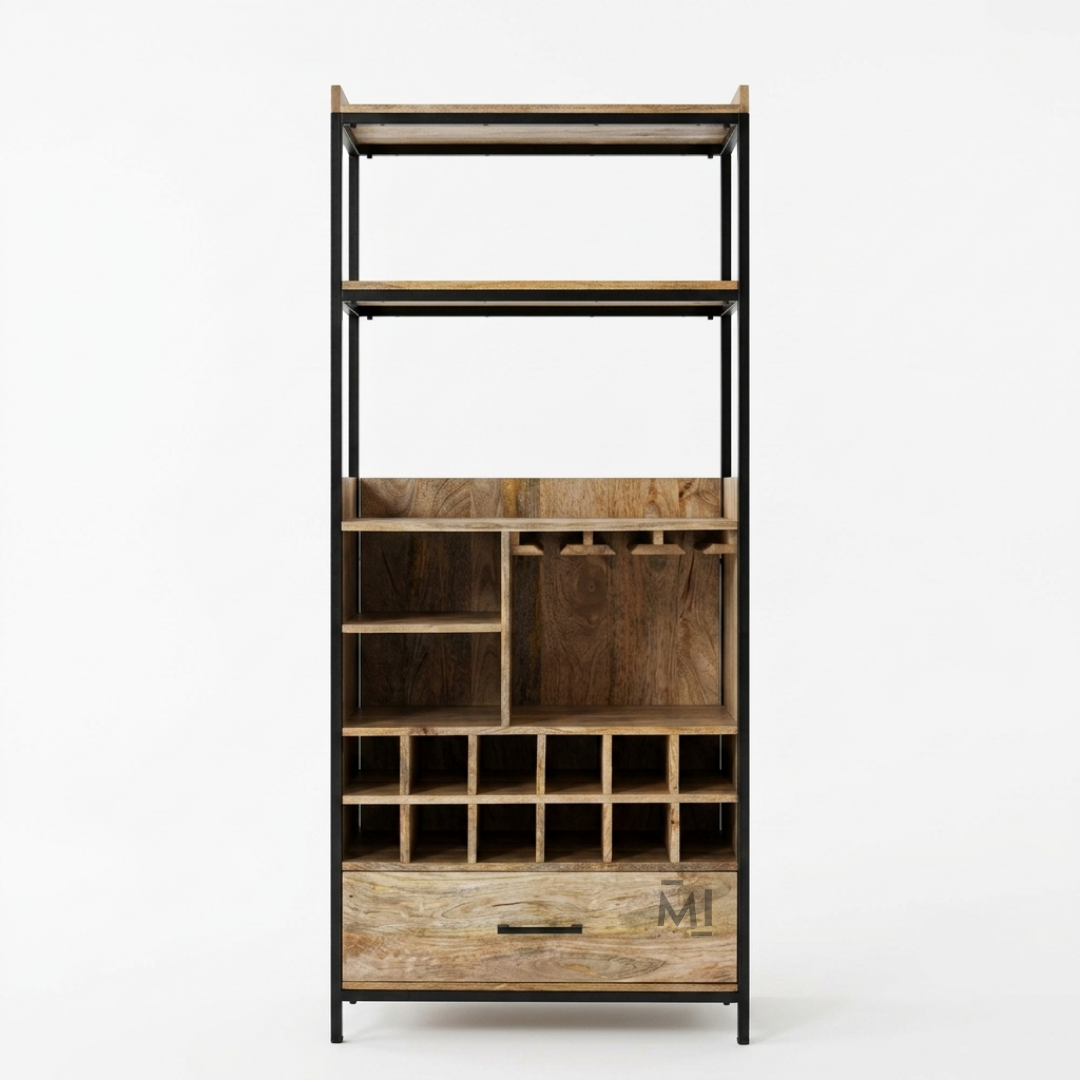 Industrial Wooden Bar Cabinet with Wine Rack, Glass Holder & Storage Drawer | Modern Home Bar Display Unit