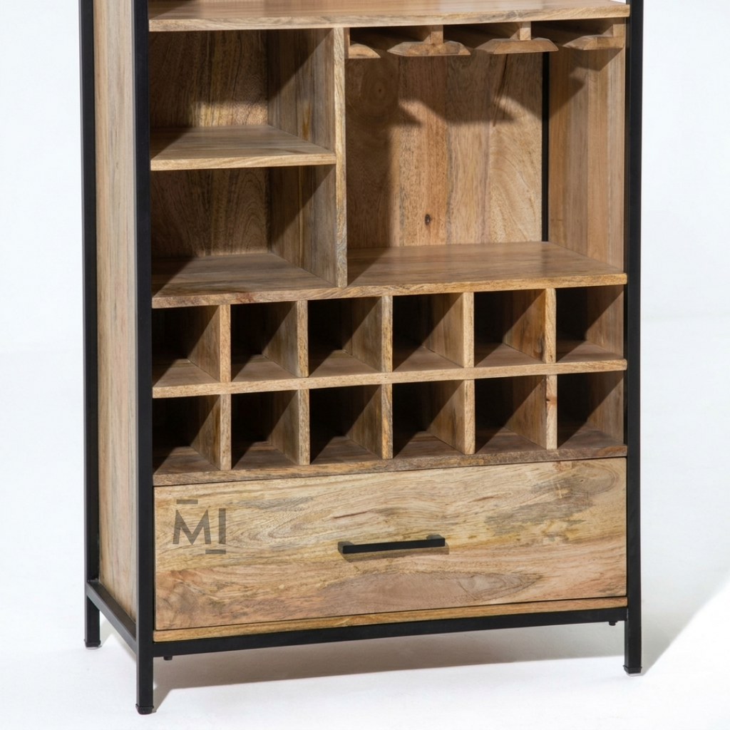 Industrial Wooden Bar Cabinet with Wine Rack, Glass Holder & Storage Drawer | Modern Home Bar Display Unit