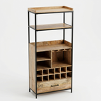 Industrial Wooden Bar Cabinet with Wine Rack, Glass Holder & Storage Drawer | Modern Home Bar Display Unit