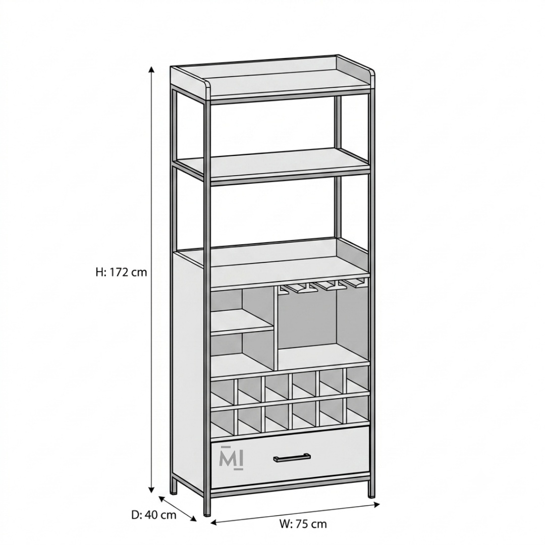 Industrial Wooden Bar Cabinet with Wine Rack, Glass Holder & Storage Drawer | Modern Home Bar Display Unit