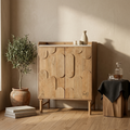 Modern Wood Bar Cabinet with Decorative Doors & Marble-Top Serving Surface