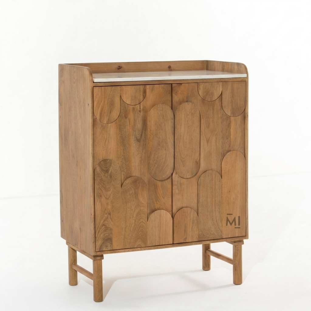 Modern Wood Bar Cabinet with Decorative Doors & Marble-Top Serving Surface