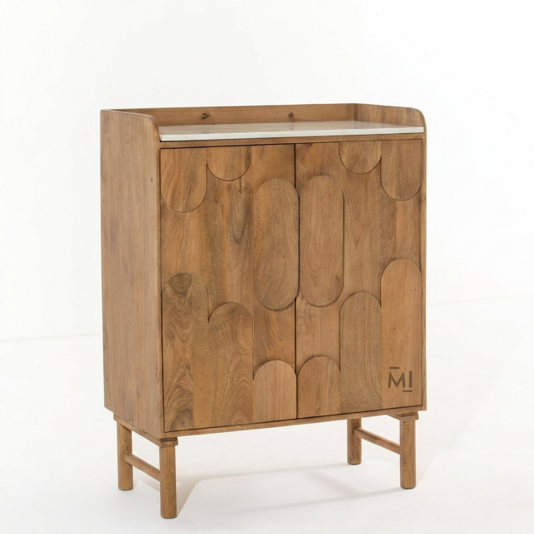 Modern Wood Bar Cabinet with Decorative Doors & Marble-Top Serving Surface
