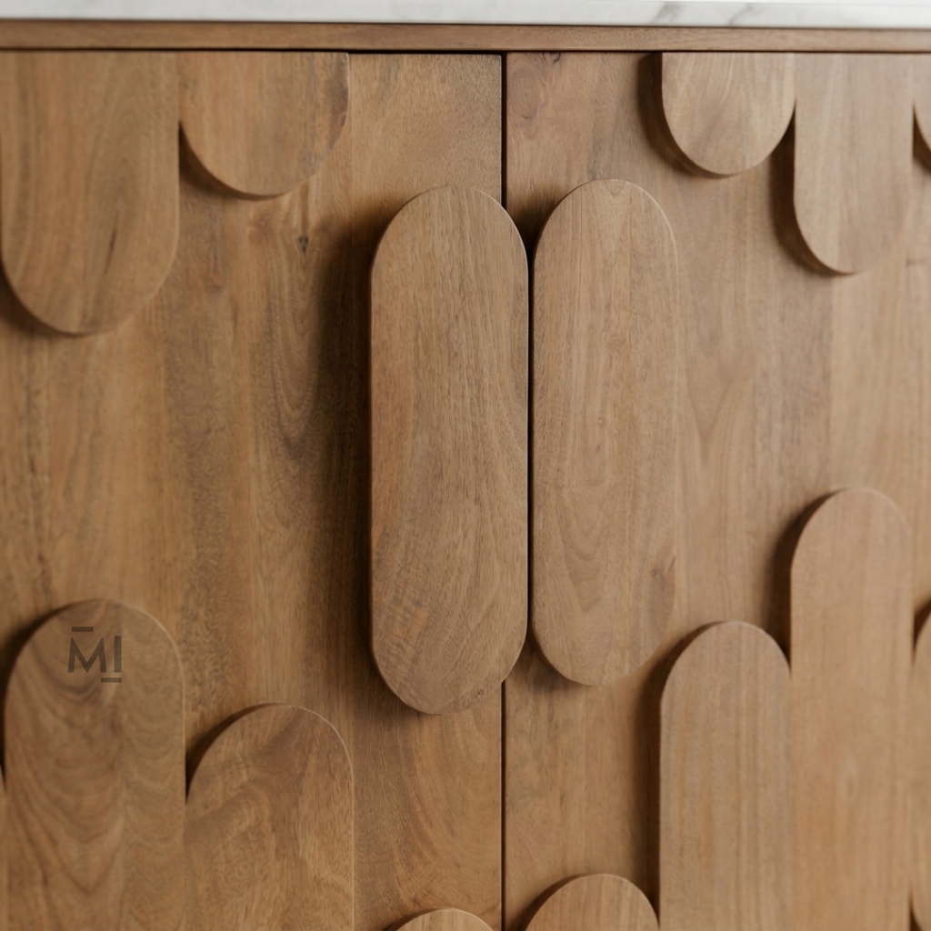 Modern Wood Bar Cabinet with Decorative Doors & Marble-Top Serving Surface