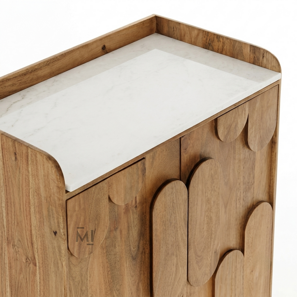 Modern Wood Bar Cabinet with Decorative Doors & Marble-Top Serving Surface