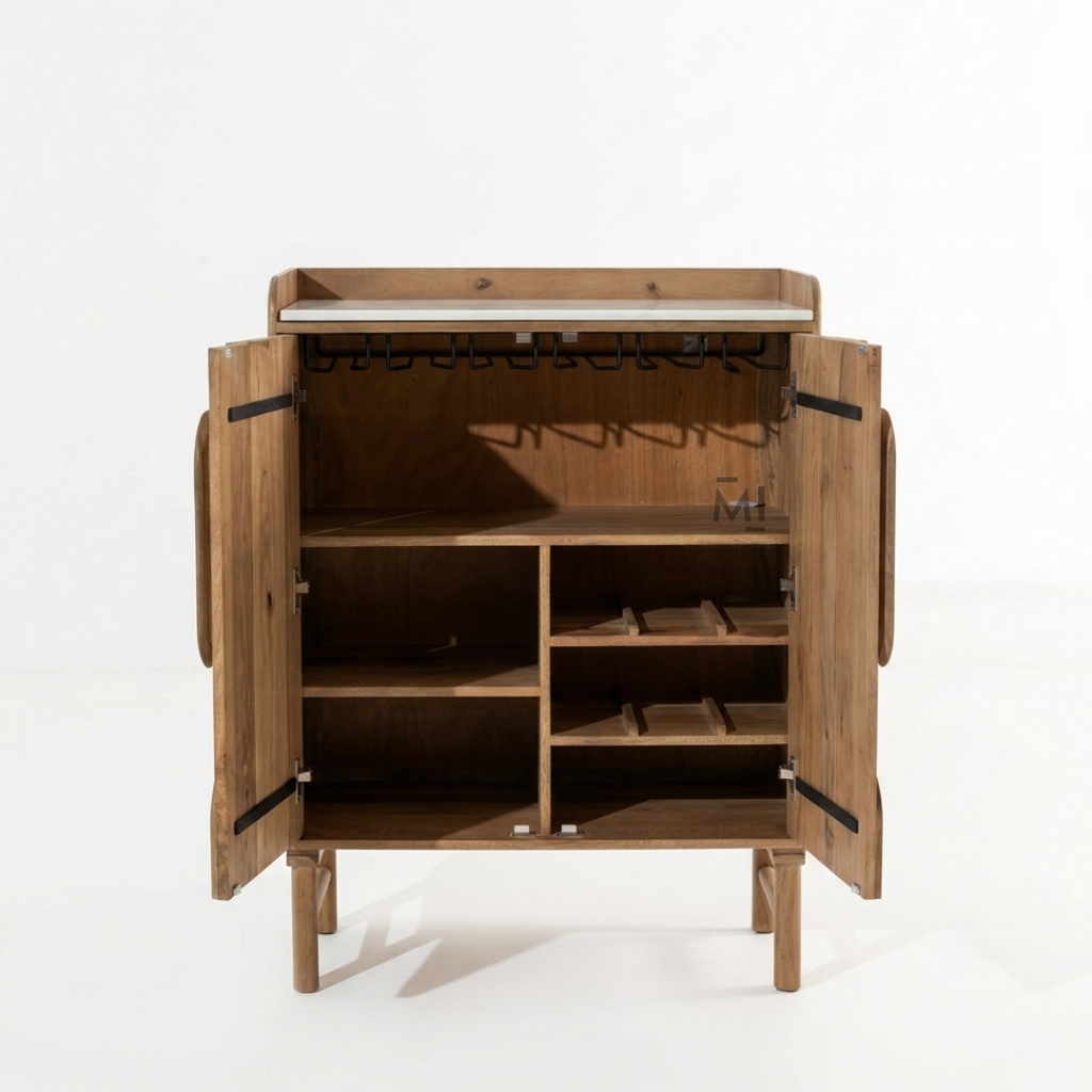 Modern Wood Bar Cabinet with Decorative Doors & Marble-Top Serving Surface