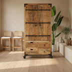 Rustic Solid Wood Bar Cabinet with Wine Rack, Glass Storage & Multi-Drawer Organizer | Industrial Home Bar Cabinet