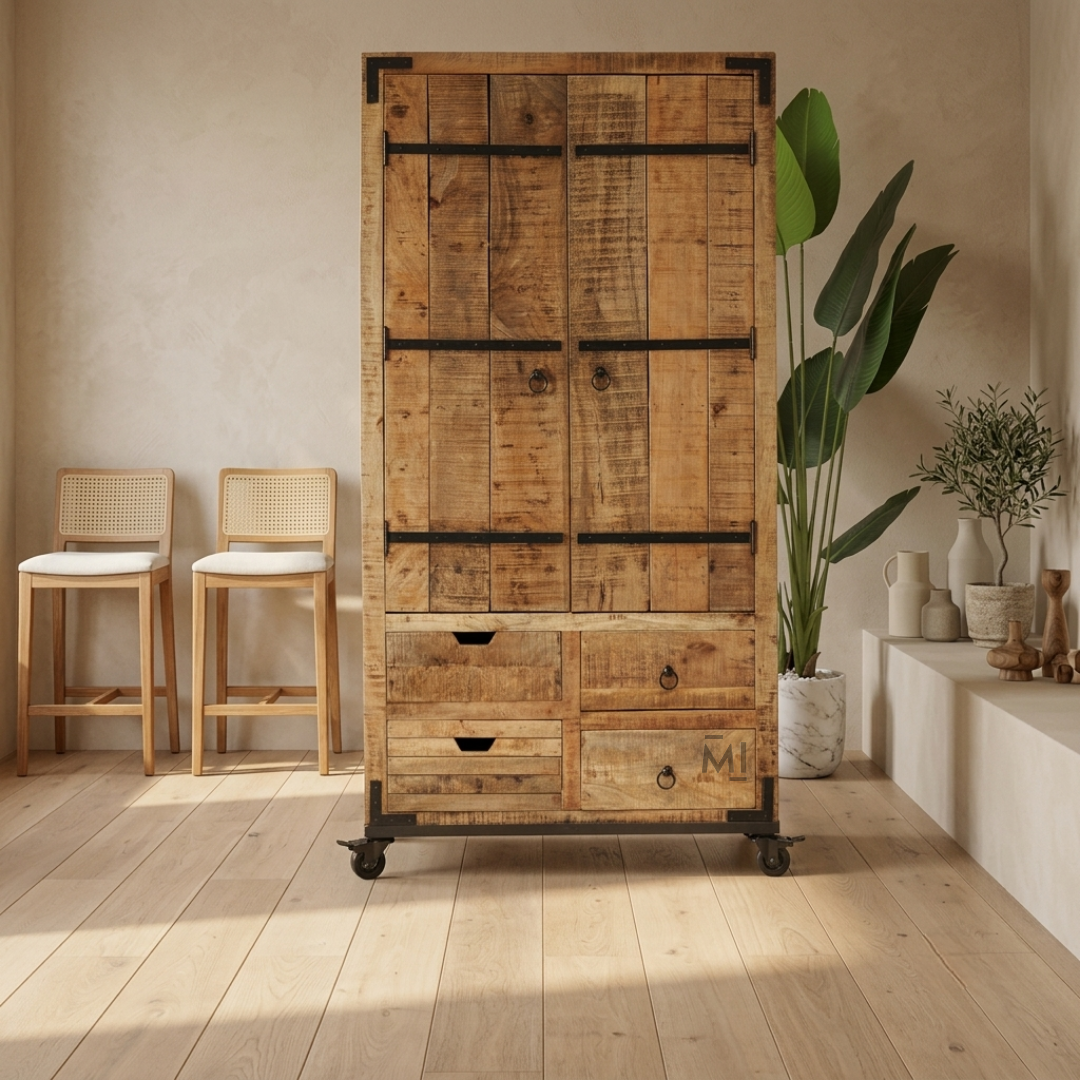 Rustic Solid Wood Bar Cabinet with Wine Rack, Glass Storage & Multi-Drawer Organizer | Industrial Home Bar Cabinet