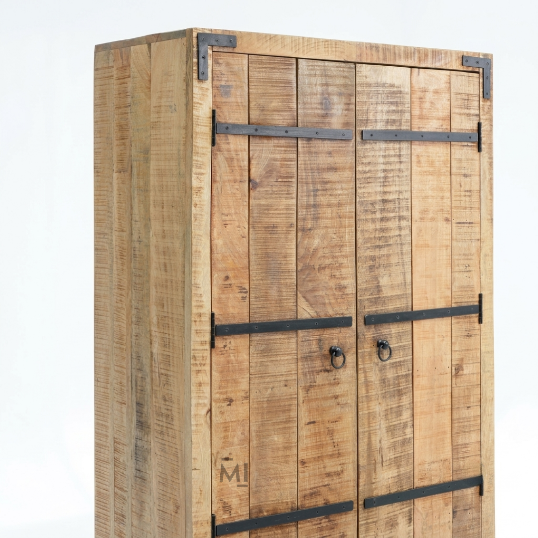Rustic Solid Wood Bar Cabinet with Wine Rack, Glass Storage & Multi-Drawer Organizer | Industrial Home Bar Cabinet