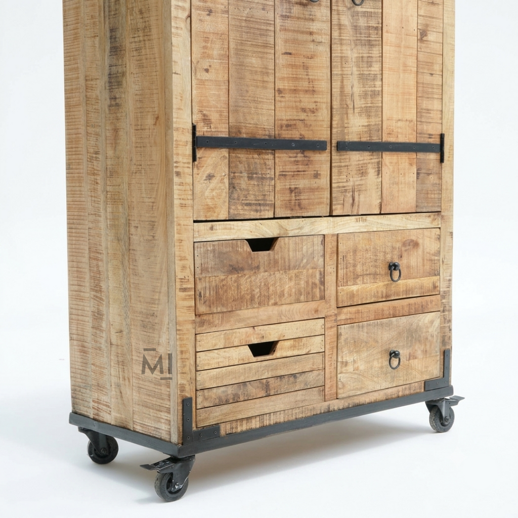 Rustic Solid Wood Bar Cabinet with Wine Rack, Glass Storage & Multi-Drawer Organizer | Industrial Home Bar Cabinet