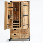 Rustic Solid Wood Bar Cabinet with Wine Rack, Glass Storage & Multi-Drawer Organizer | Industrial Home Bar Cabinet