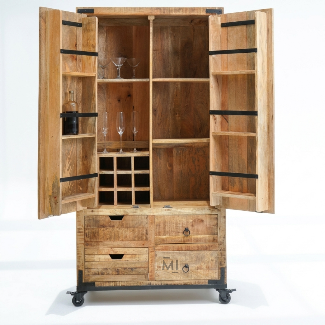 Rustic Solid Wood Bar Cabinet with Wine Rack, Glass Storage & Multi-Drawer Organizer | Industrial Home Bar Cabinet