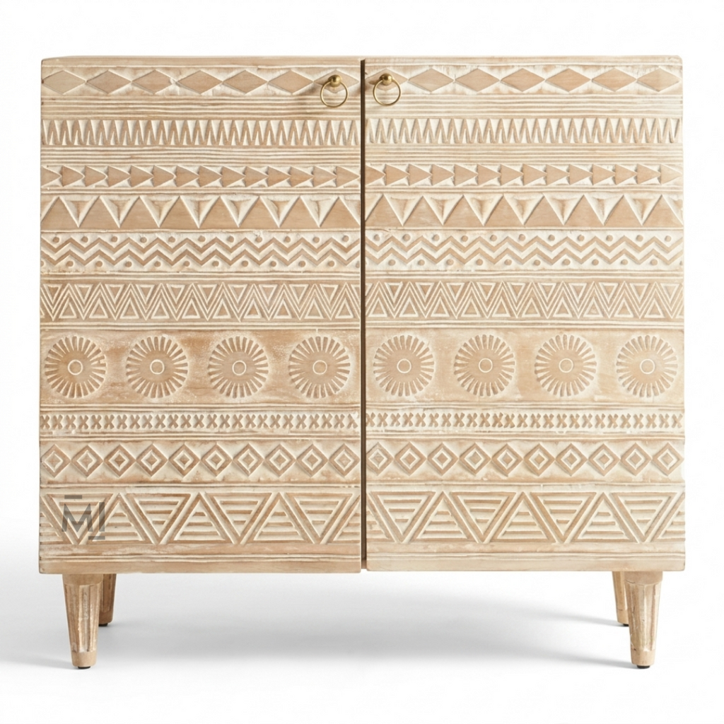Tribal Crest Bar Cabinet – Hand-Carved Solid Wood Bar Storage Cabinet