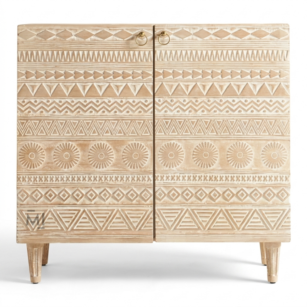 Tribal Crest Bar Cabinet – Hand-Carved Solid Wood Bar Storage Cabinet