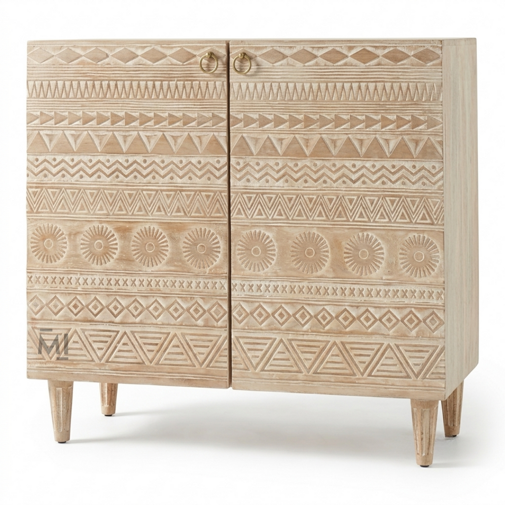 Tribal Crest Bar Cabinet – Hand-Carved Solid Wood Bar Storage Cabinet