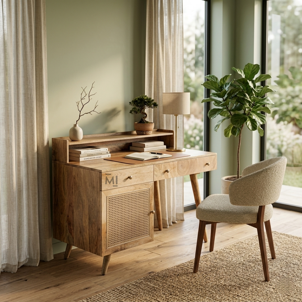 Mid-Century Modern Solid Wood Desk with Rattan Cabinet
