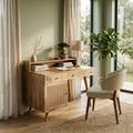 Mid-Century Modern Solid Wood Desk with Rattan Cabinet