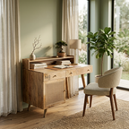 Mid-Century Modern Solid Wood Desk with Rattan Cabinet