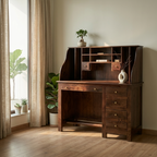 Artisan Solid Wood Study Desk with Built-In Storage Hutch & Side Drawers
