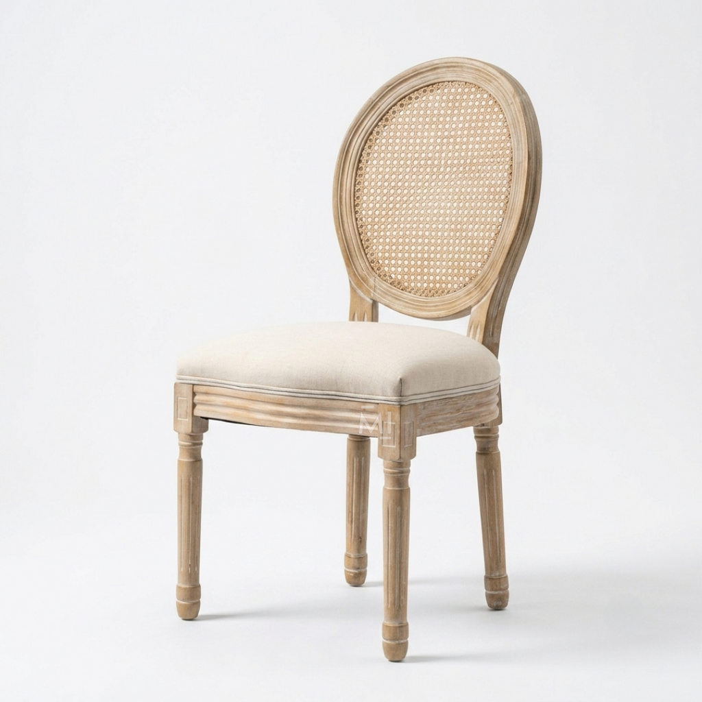 Aurelia Wood Dining Chair & Rattan Back-Rest & Off-White Seating