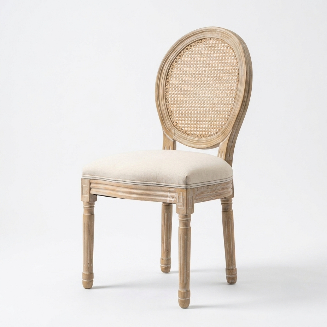 Aurelia Wood Dining Chair & Rattan Back-Rest & Off-White Seating